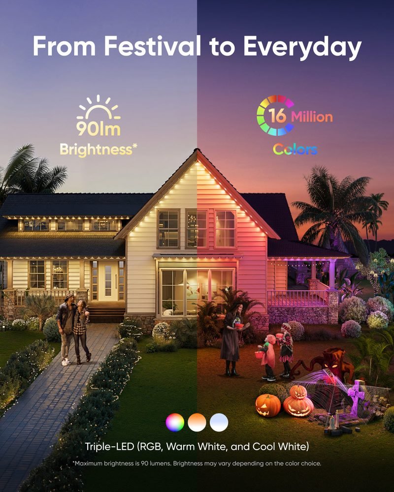 eufy permanent outdoor lights lighting the roofline of a home in warm white